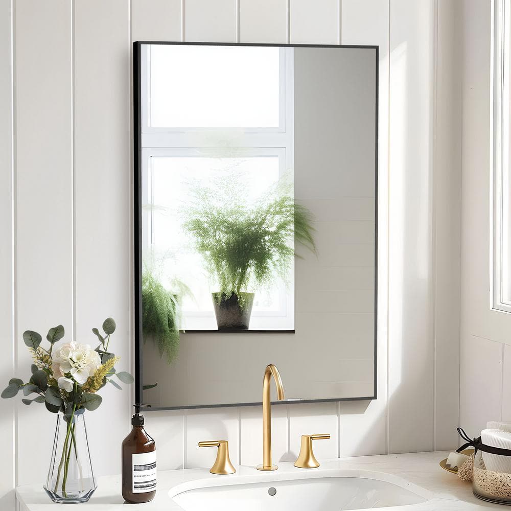 24 in. W x 36 in. H Rectangular Metal Framed Bathroom Wall Mirror in Black