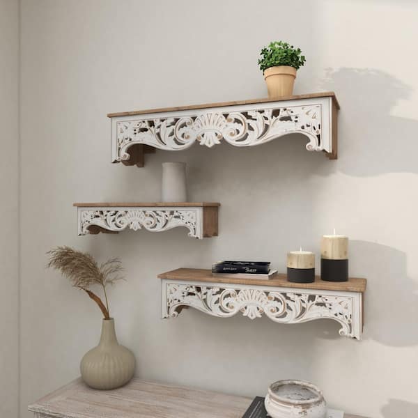 Litton Lane White Intricate Carved 1-Shelf Wood Floral Wall Shelf ...
