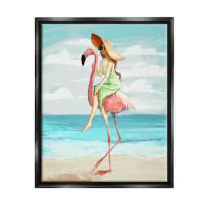 Beach Woman Riding Pink Flamingo Tall Tropical Bird by Ziwei Li Floater Frame Animal Wall Art Print 25 in. x 31 in.