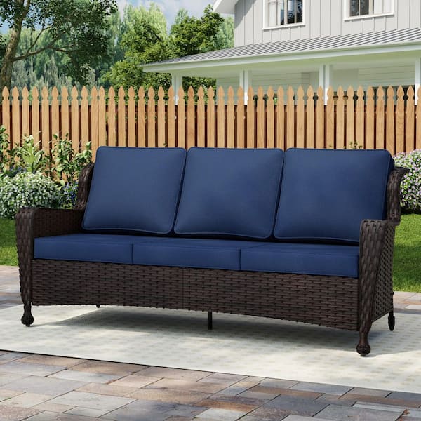 3 Seat Wicker Outdoor Sofa Patio Couch Sectional Couch with Deep Soft Seating and Dark Blue Cushions