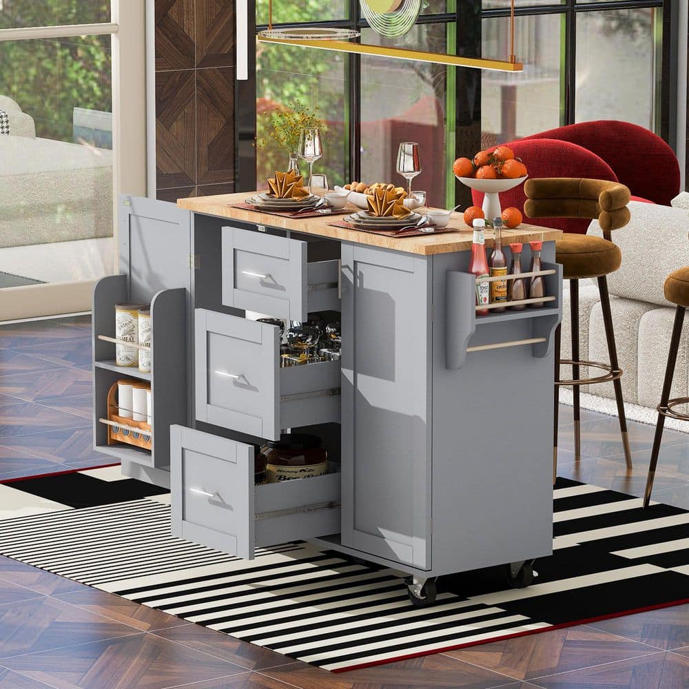 Grey Blue Rubber Wood Kitchen Cart with Spice Rack and Towel Rack