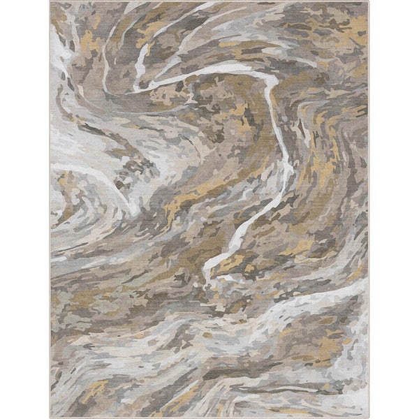 Well Woven Beige Gold 5 ft. 3 in. x 7 ft. 3 in. Abstract Dunes Retro Marble Flat-Weave Area Rug