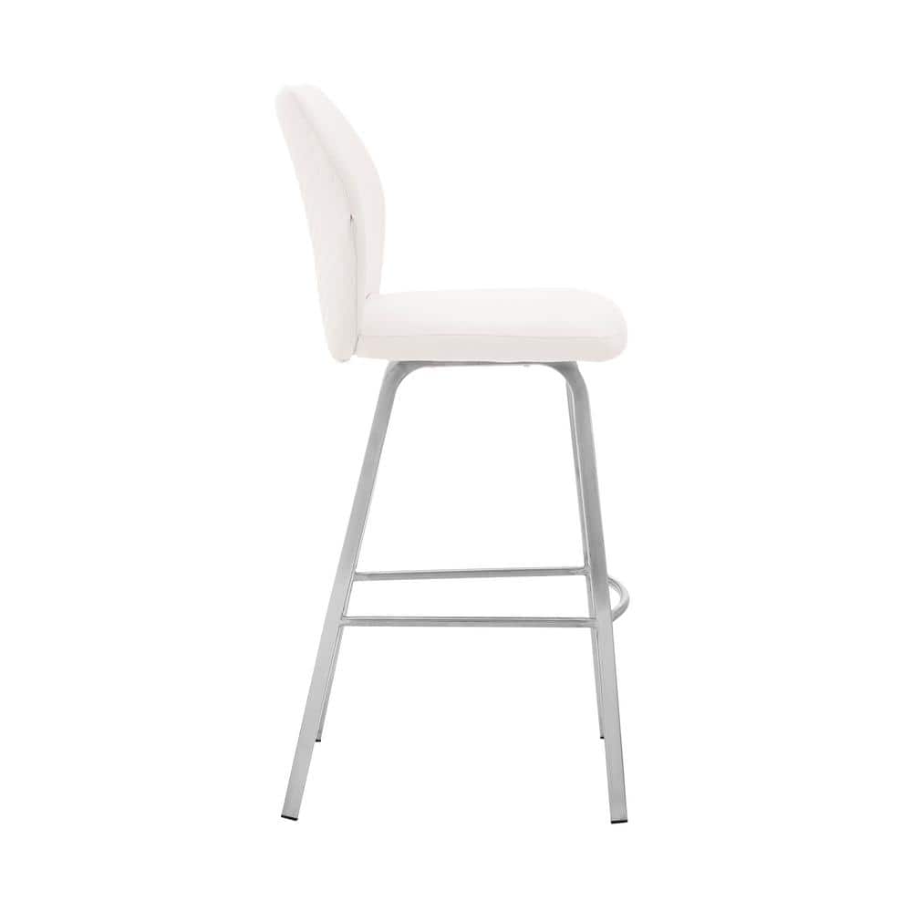 White Faux Leather 30" Swivel Bar Stool with Brushed Stainless Steel