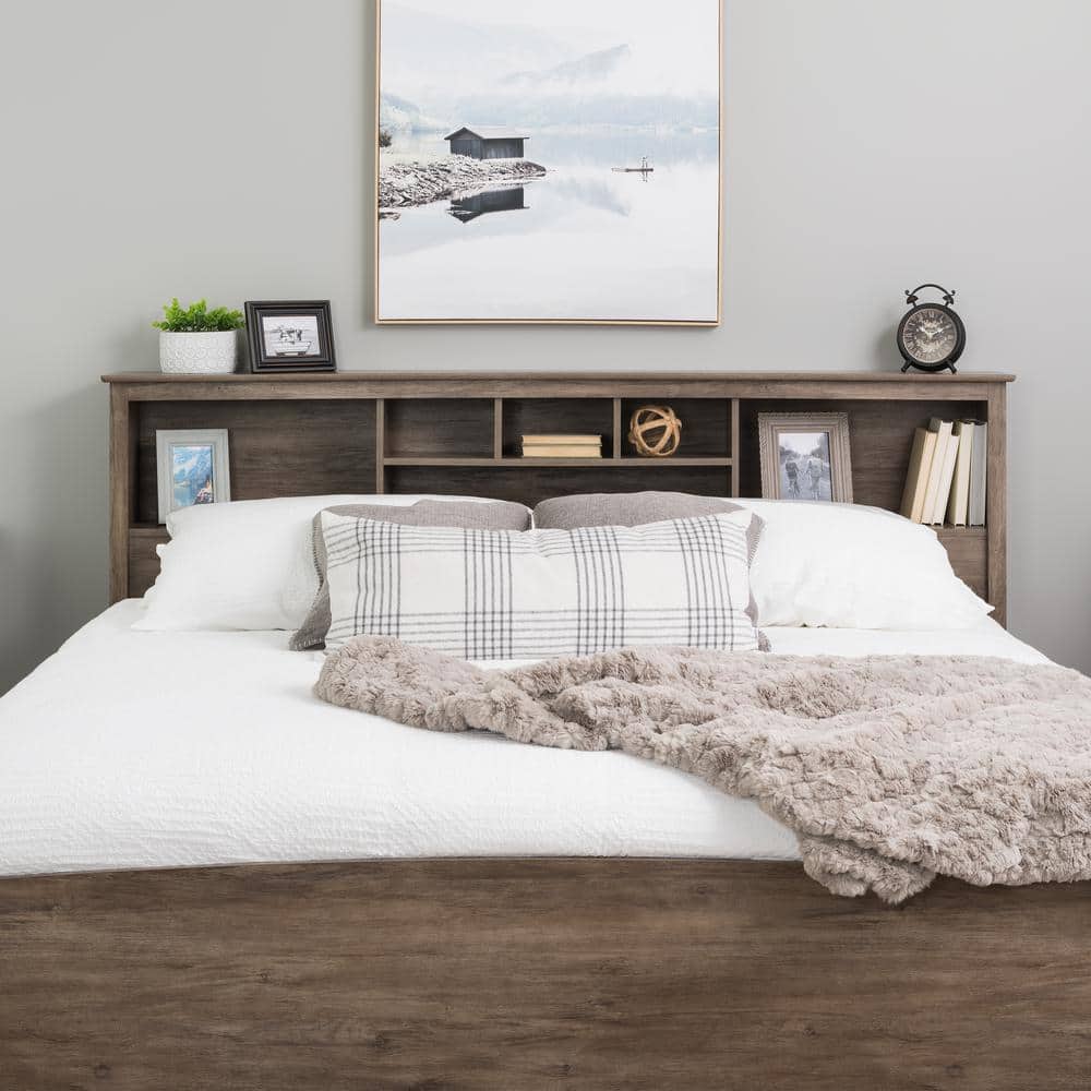 Prepac Salt Spring Drifted Gray King, King Size Platform Bed With Storage And Bookcase Headboard