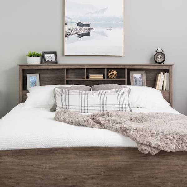 Prepac Salt Spring Drifted Gray King, Queen Bed Frame With Bookshelf Headboard