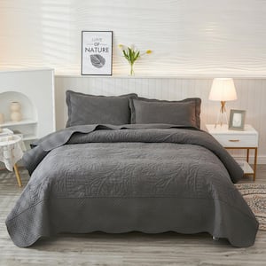 3-Piece Heather Grey Embroidery 100% Cotton Lightweight King Size Quilt Set