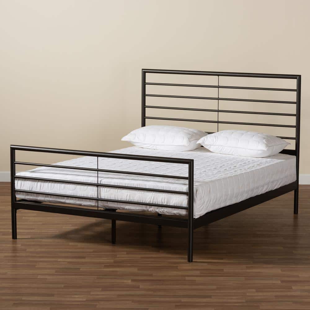 Alva Industrial Black Metal Full Bed with Wood Slats and Open Headboard