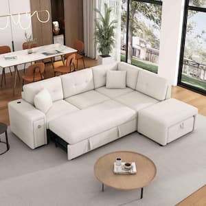 86.6 in. Square Arm Chenille L-Shaped Sectional Sofa in. Beige with Sofa Bed, Ottoman, 2-USB Ports and 2-Cup Holders