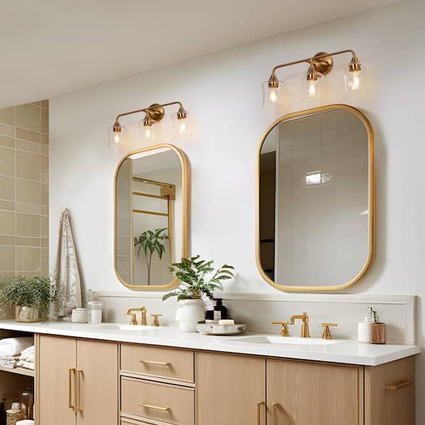 22 in. Modern 3-Light Brass Vanity Light with Goblet Clear Glass Shade, Contemporary Wall Sconce for Bathroom