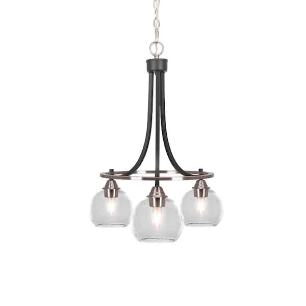Unbranded Madison 3-Light Matte Black and Brushed Nickel Round Chandelier with 5.75" Clear Bubble Glass Shades, No bulbs included