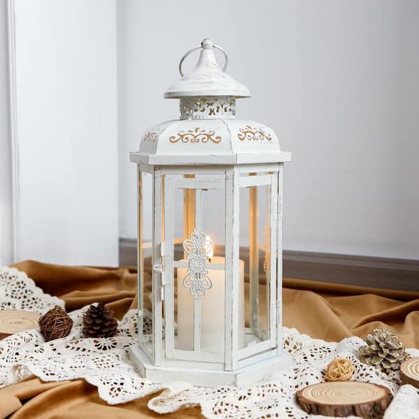 12 in. x 6 in. White Metal Vintage Lantern without Candle