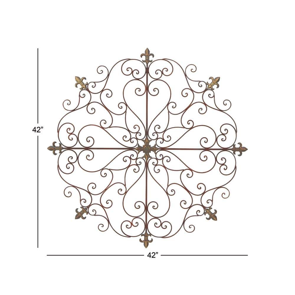 Brown Metal Scrollwork Fleur De Lis Wall Sculpture