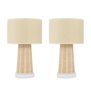 15.4 in. Farmhouse Handmade Rattan Table Lamps Modern Natural Rattan Wicker Oatmeal Drum Shade Nightstand (Set of 2)