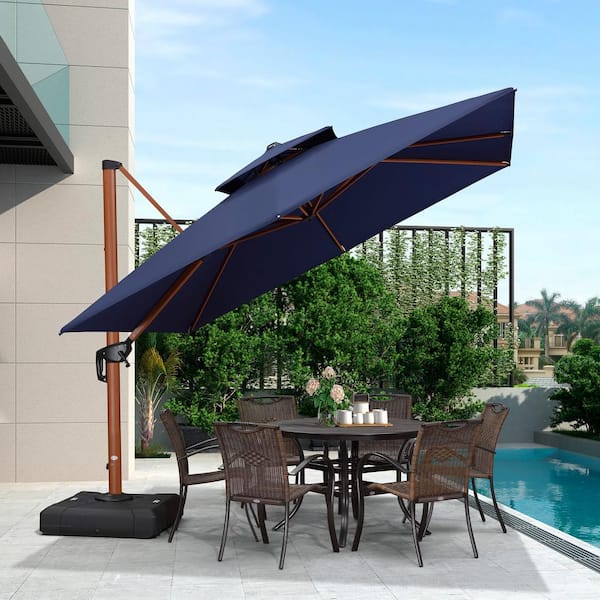 PURPLE LEAF 10 ft. Square High-Quality Wood Pattern Aluminum Cantilever Polyester Patio Umbrella with Base, Navy Blue