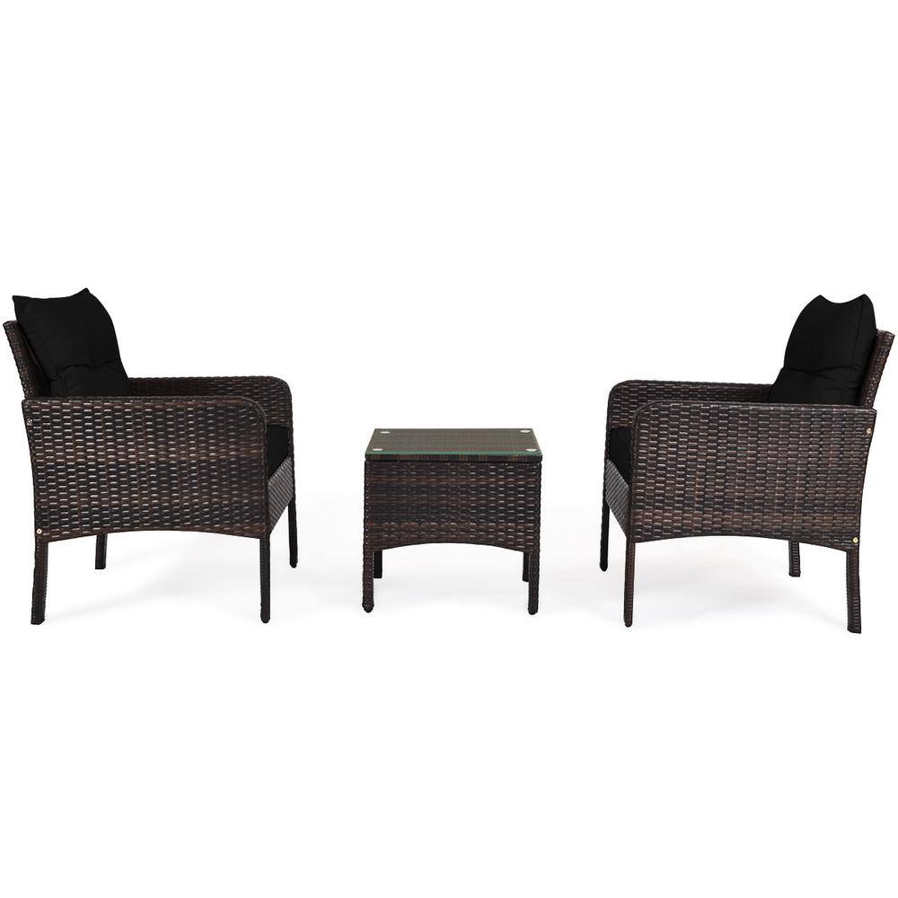Black 3-Piece Rattan Outdoor Patio Conversation Set