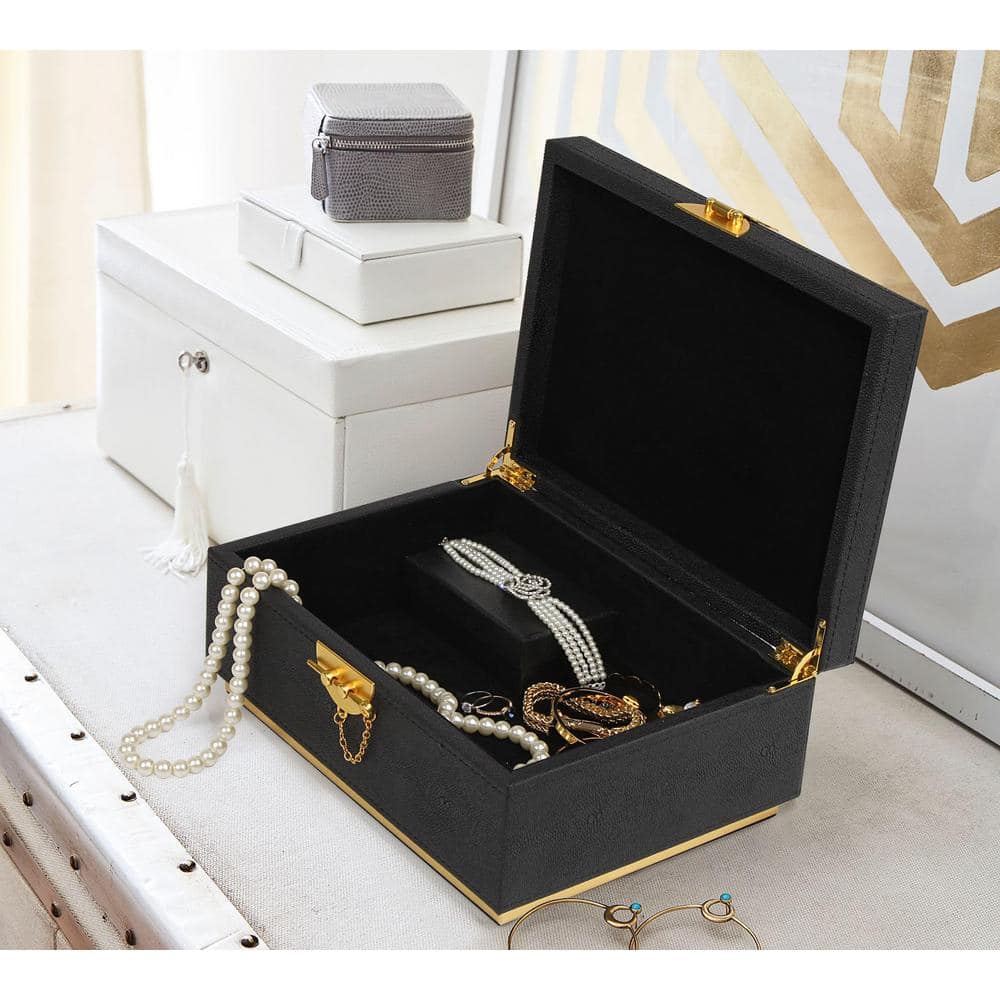 Elegant Black Faux Leather Rectangular Decorative Box with Gold Accents