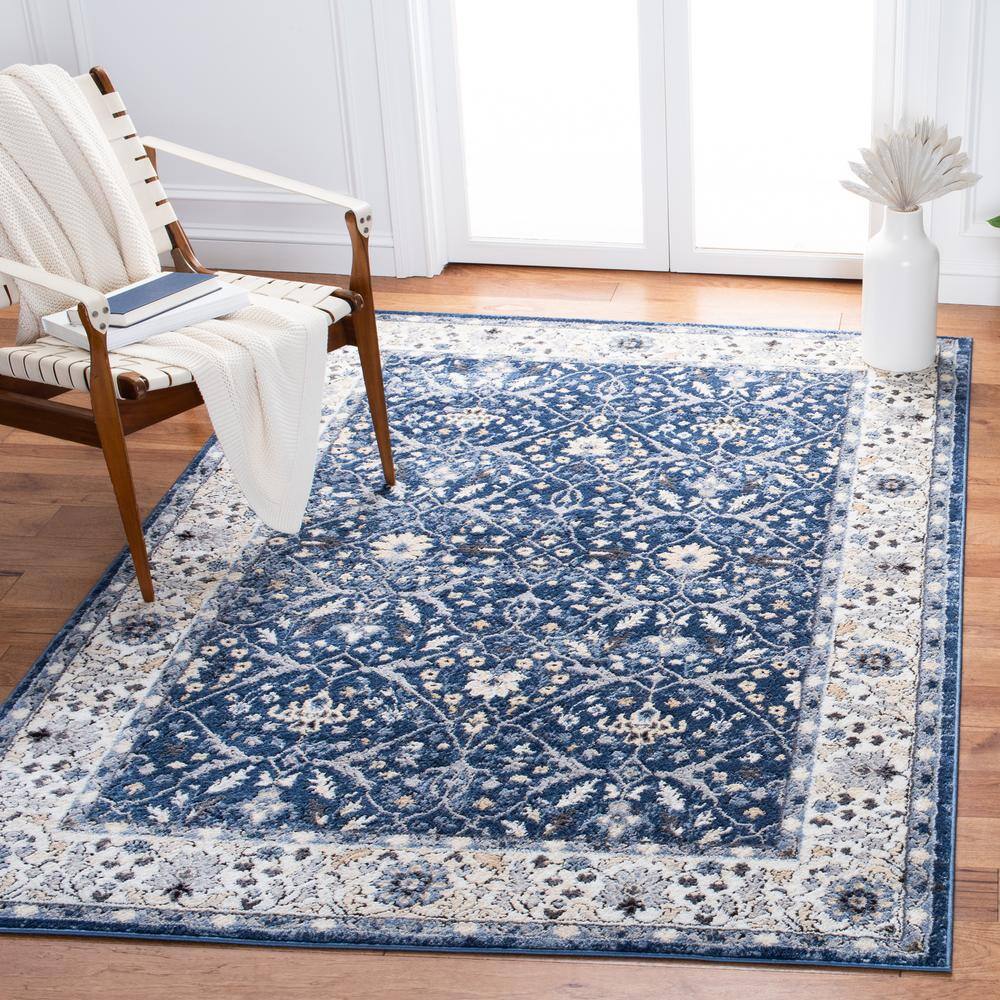 Navy and Ivory Floral Synthetic Area Rug, 8' x 10'