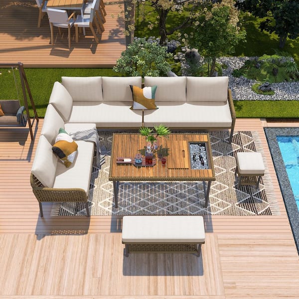 Harper & Bright Designs Beige 6-Piece Wicker and Metal Patio Conversation Set with Cushions, 1 Coffee Table, 2 Benches