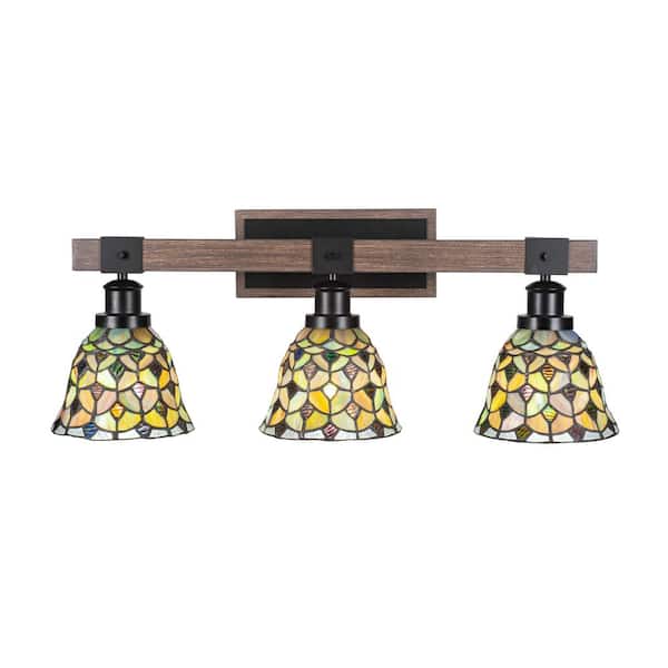 Unbranded Richmond 27 in. 3-Light Vanity Light Matte Black and Wood-look Metal with 7 in. Crescent Art Glass no bulbs included