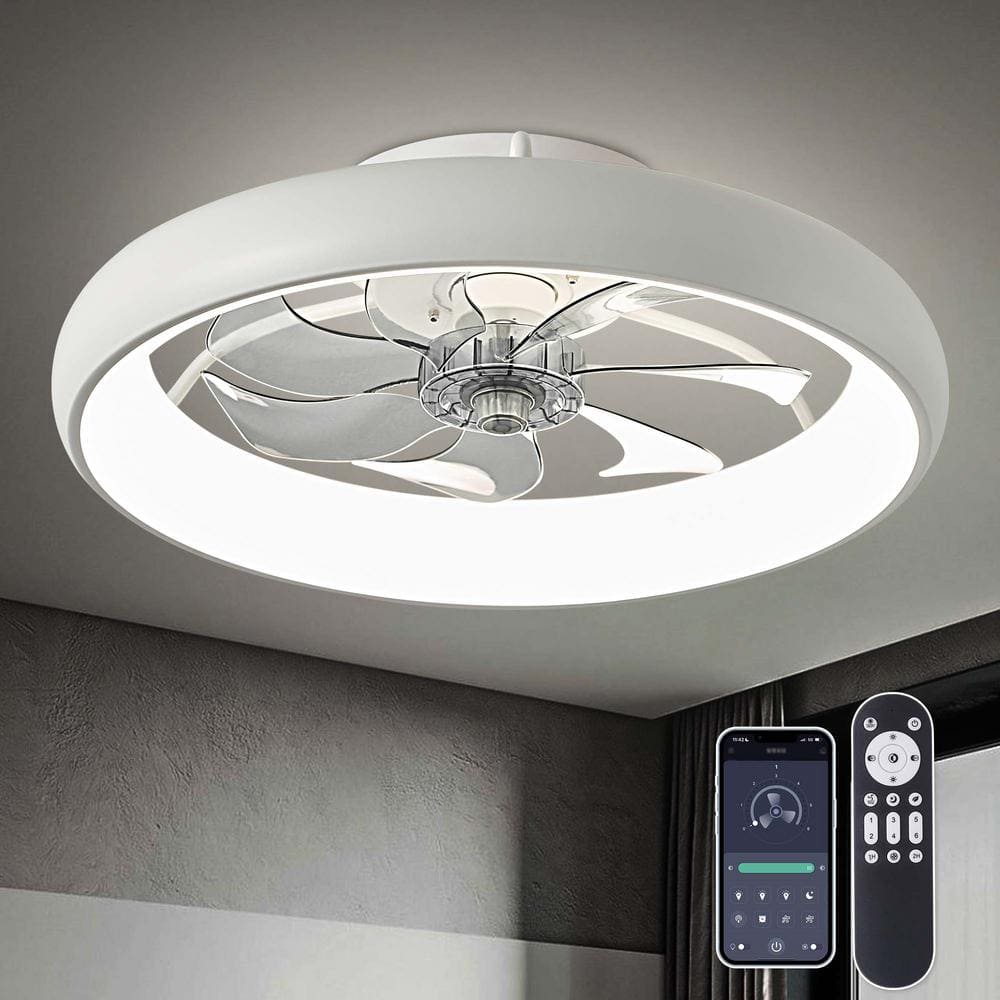 20 in. LED Indoor White Bladeless App Control Low Profile Ceiling Fan with Light Semi Flush Mount Bedroom Lighting -  ANTOINE, HD-FSD-GSW