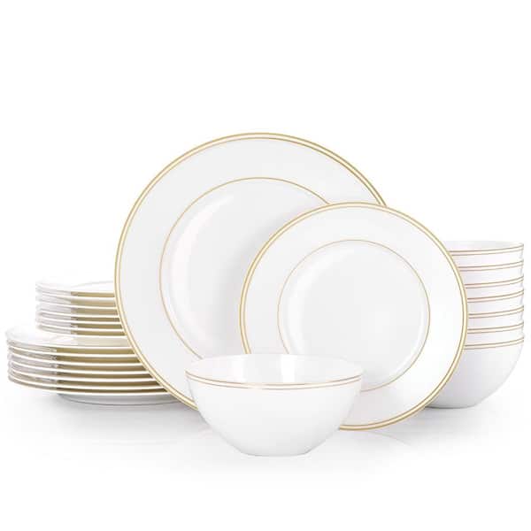 24-Piece Bone China Dinnerware Set for 8, Elegant Gold Trim Ceramic Plates and Bowls, Lightweight Translucent Dishware