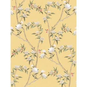 Spring Blossom Collection Chinoiserie Floral Vine Yellow Matte Finish Non-Pasted Non-Woven Paper Wallpaper Sample