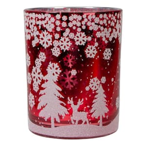 5 in. Red and Shiny Silver Deer in Winter Woods Flameless Candle Holder