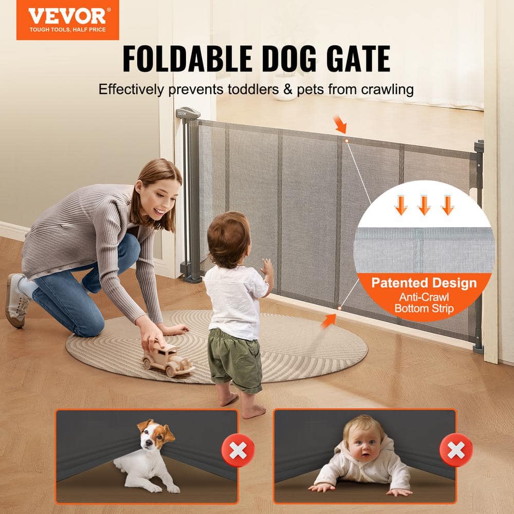Gray Retractable Mesh Pet and Baby Gate for Stairs