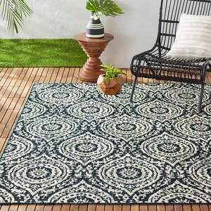 Patio Country Zoe Navy Blue/Ivory 5 ft. x 7 ft. Moroccan Damask Indoor/Outdoor Area Rug