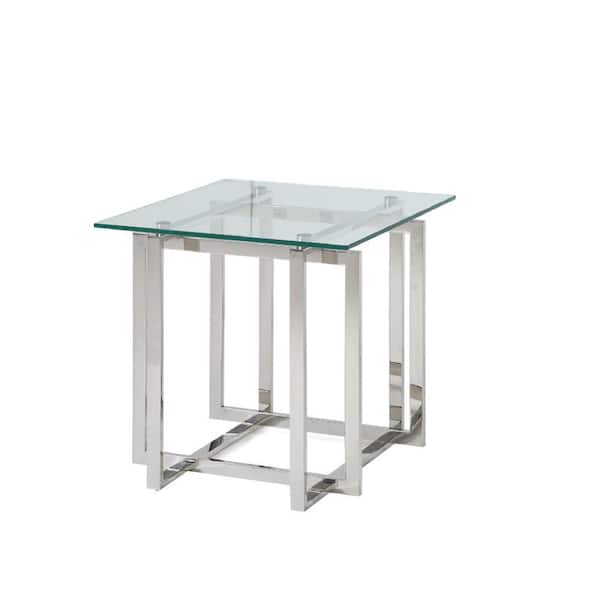 Benjara 22 in. Chrome Square Glass End Table with Intersected Steel Base