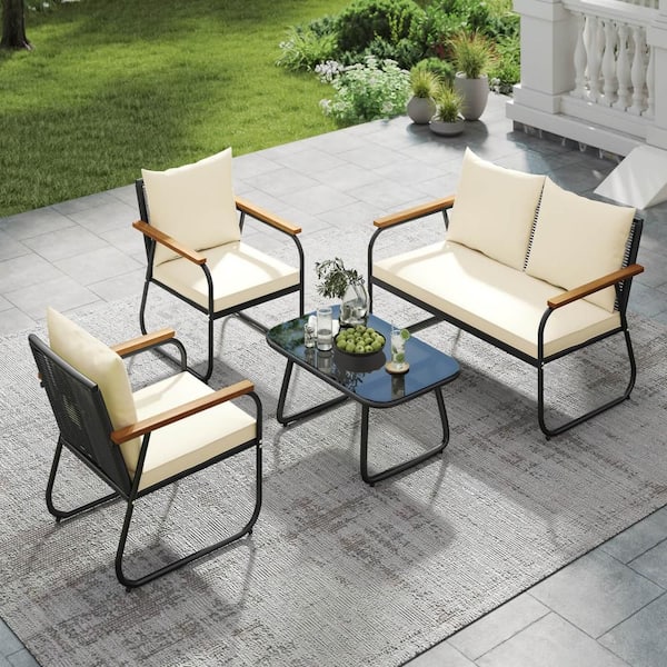 4 PCS Patio Furniture Set with Tempered Glass Coffee Table PE Wicker Rattan Chairs