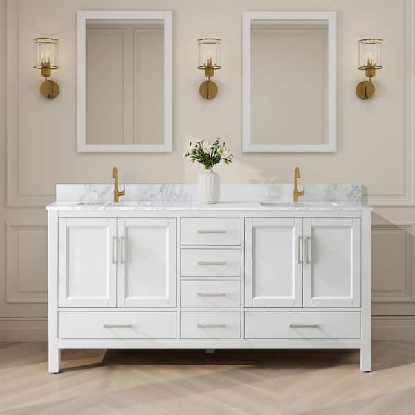 SJ STAR&JANE Thera 72 in. W x 22 in. D x 34 in. H Bath Vanity in White with Venato Carrara Top with Basins