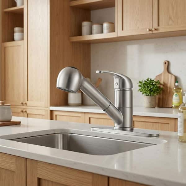 6.8 in. Single Handle Pull Out Sprayer Kitchen Faucet with 360 Degree Spout Swivel in Brushed Nickel