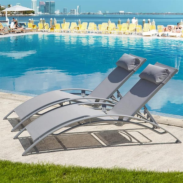Cesicia Adjustable Back Grey Frame 2-Piece Metal Outdoor Chaise Lounge with Removable Pillow in Grey