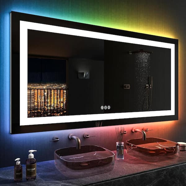 55 in. W x 30 in. H Rectangular Frameless LED Frontlit, RGB Backlit Anti-Fog Tempered Glass Wall Bathroom Vanity Mirror