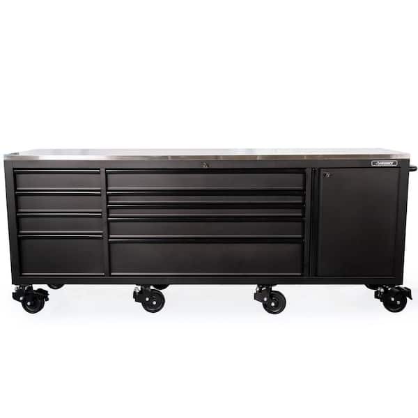 Husky 84 in. W x 24 in. D 9-Drawer Heavy-Duty Mobile Workbench with Stainless Steel Top in Matte Black