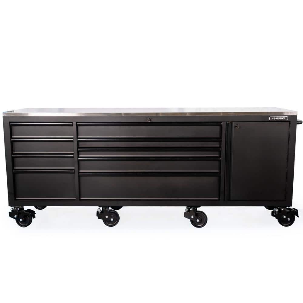 96 in. W x 24 in. D 9-Drawer Heavy-Duty Mobile Workbench with Stainless Steel Top in Matte Black -  Husky, HOTC9609BB1M