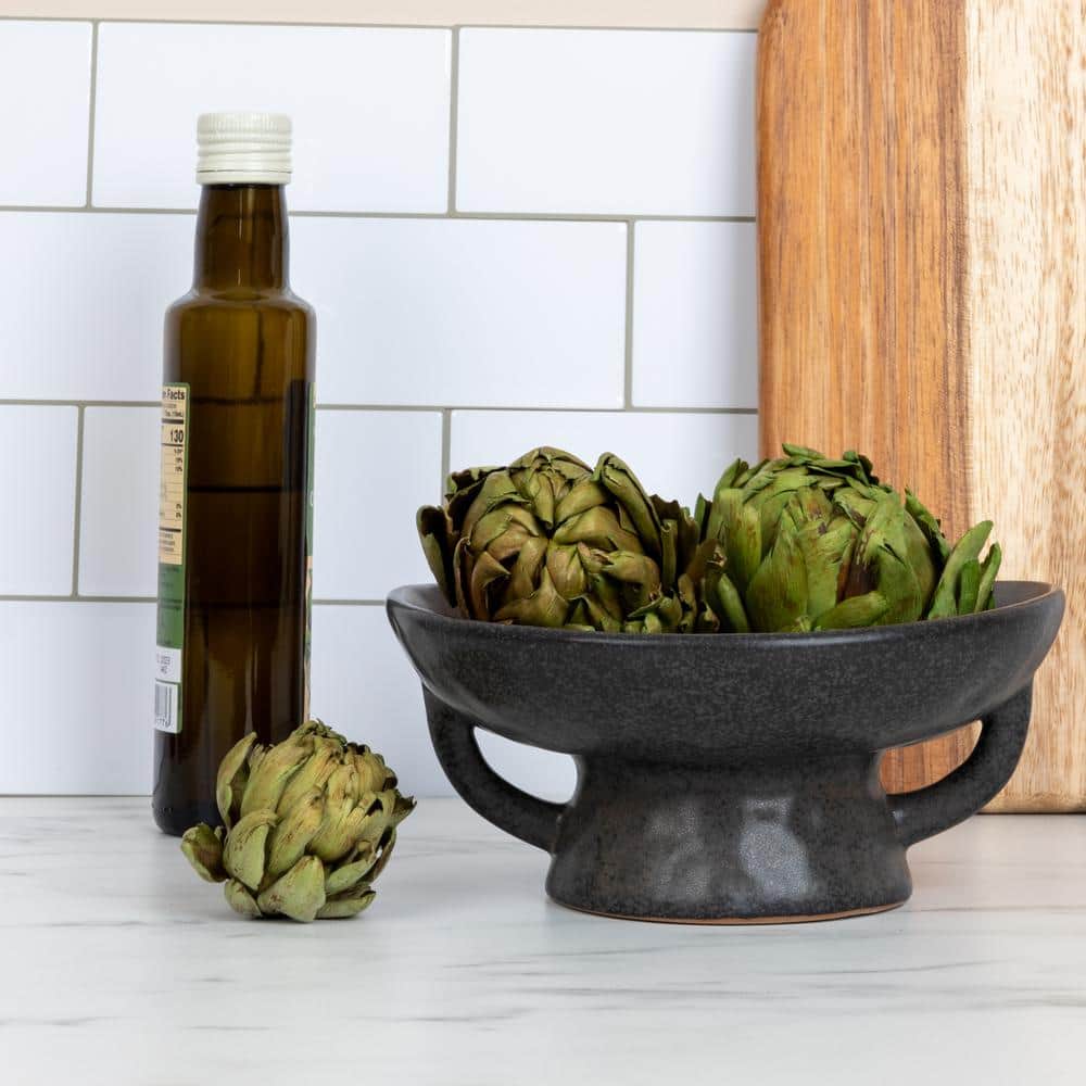 Black Ceramic Footed Serving Bowl with Handles
