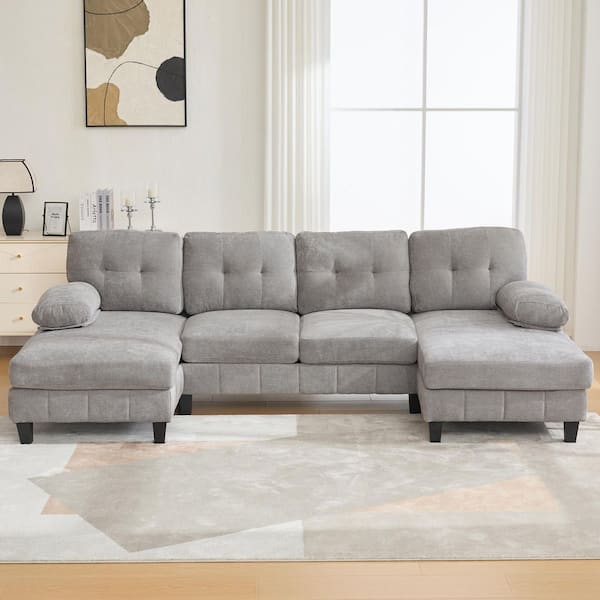 103.5 in. W Big Pillow Top Armrest Chenille U-Shaped Sectional Sofa in Gray with Side Pockets, Strong Legs