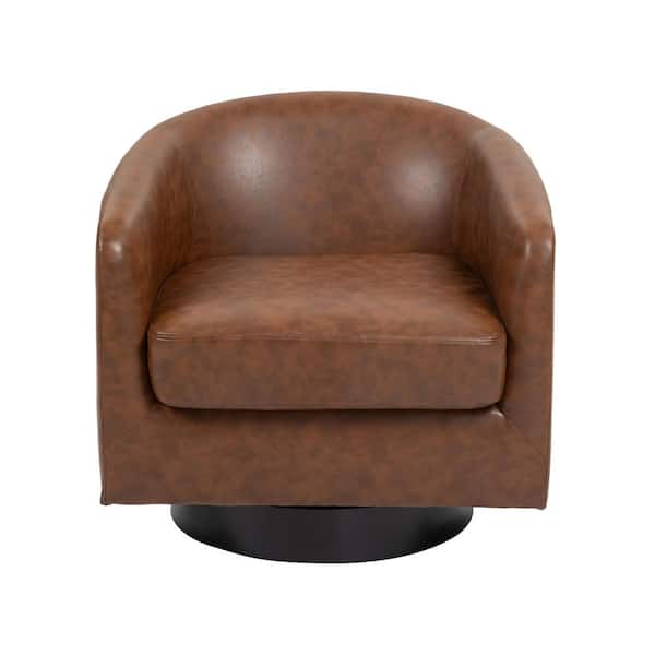 Coffee PU Leather Upholstered 360° Swivel Arm Chair With Wood Base (Set of 1)