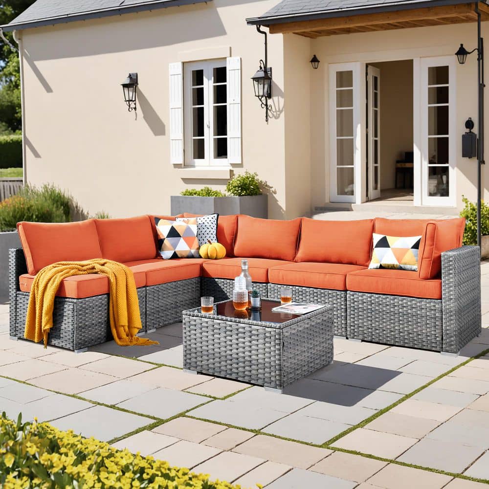 Daffodil D Gray 7-Piece Wicker Patio Conversation Sofa Set with Orange Red Cushions price history on PriceWatchPro