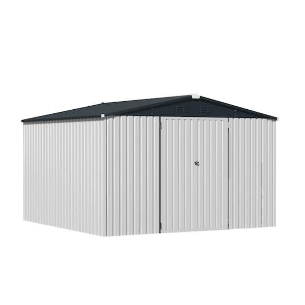 AECOJOY 10 ft. W x 10 ft. D Metal Shed with Double Lockable Door, White (95 sq. ft.)