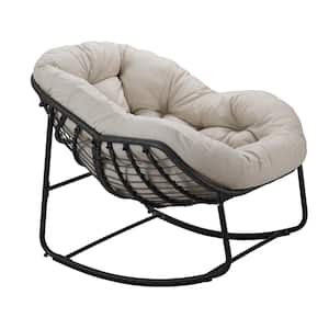 Brown Frame Metal Outdoor Rocking Chair, Oversized Rattan Egg with Beige Thick Cushion For Backyard, Patio, Poolside