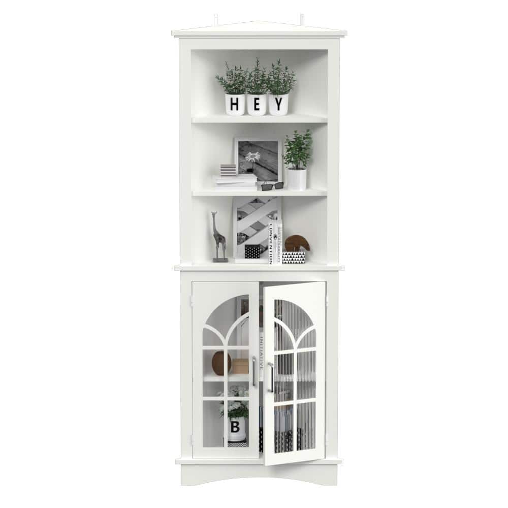 White 63.3 in. H Corner Storage Cabinet Freestanding Bookcase with Doors an