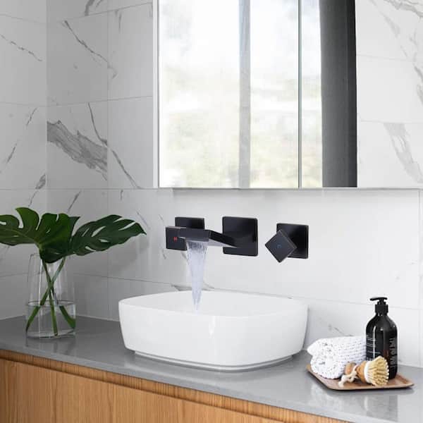 Double Handle Solid Brass Wall Mounted Bathroom Faucet, Waterfall Basin Faucet with Rough in Valve in Oil Rubbed Bronze