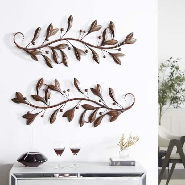 Litton Lane 16 in. x 36 in. Red Patina Metal Leaves Wall Decor (Set of 2)