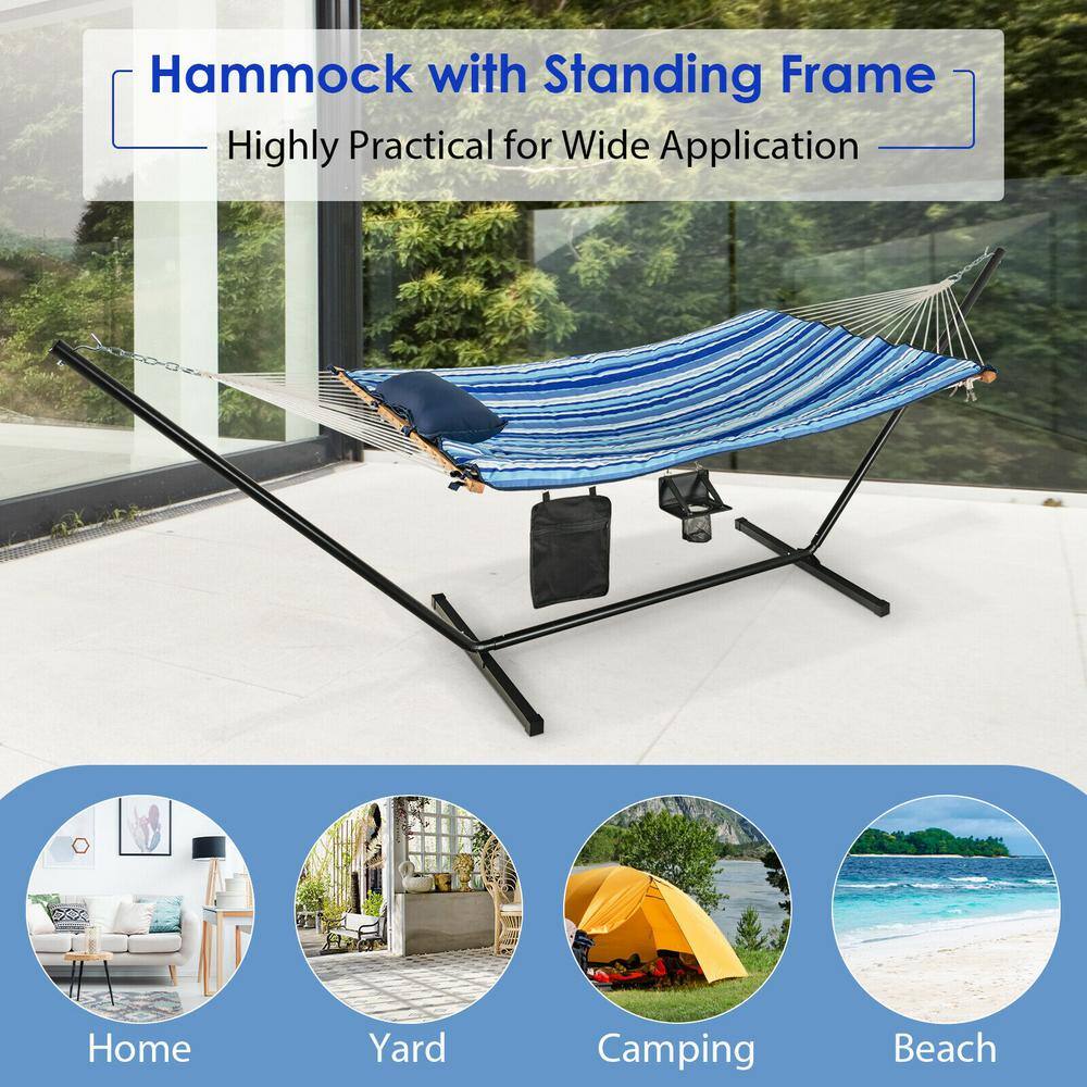 Blue Striped Cotton Hammock Chair Stand Set with Pillow and Cup Holder