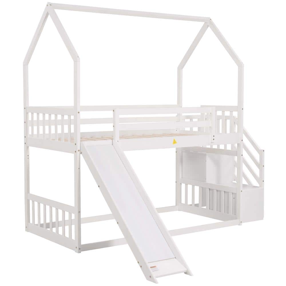 Nestfair White Wood Twin over Twin Bunk Bed with Convertible Slide and ...
