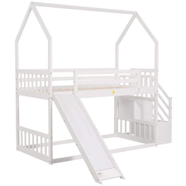 Nestfair White Wood Twin over Twin Bunk Bed with Convertible Slide and ...