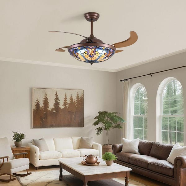 52 in. Downrod Mount Indoor Brown Tiffany Fandelier Retractable Ceiling Fan with Dimmable LED and Remote App Control